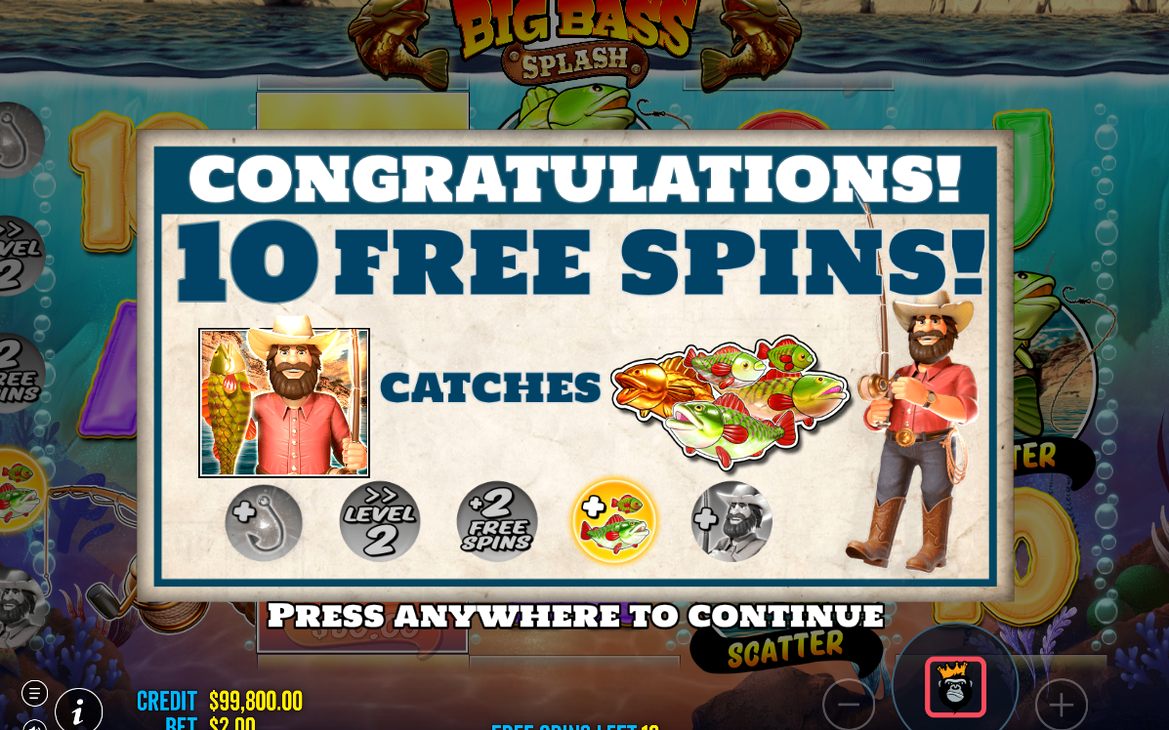 Free Spins round with WILD Fisherman on all reels