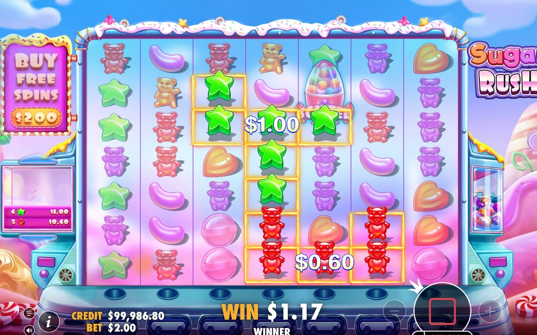 The 7x7 board mid-tumble, payout values on show
